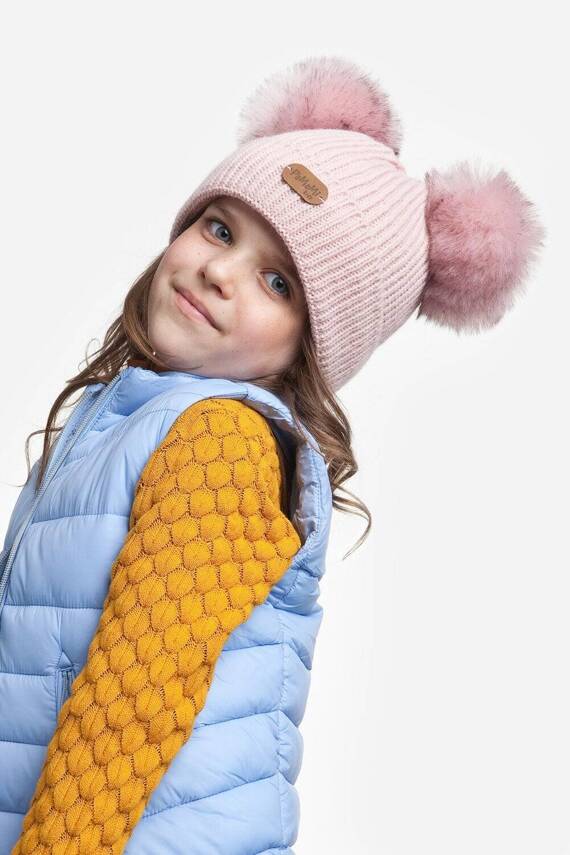 Girl's hat with two pompoms - light grey