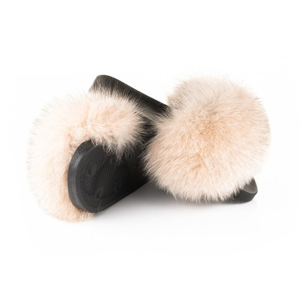 Skórzane pantofle damskie z futerkiem z królika